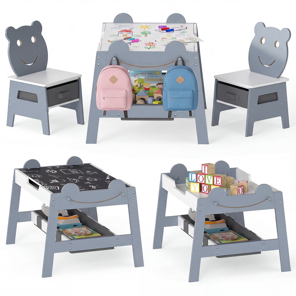 5-in-1 Toddler Table and 2 Chairs Cute Art Desk Set with Reversible Chalkboard Whiteboard