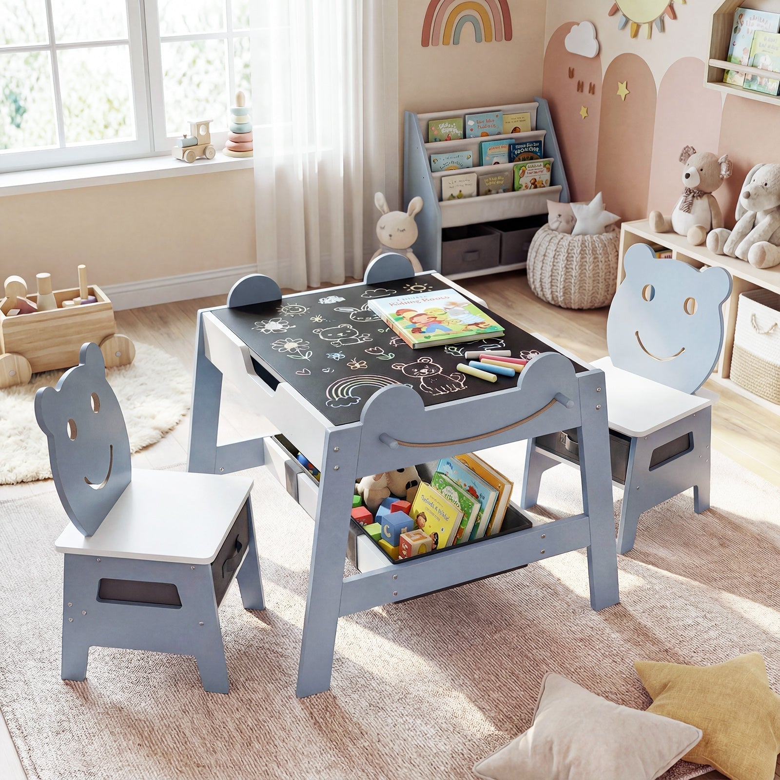 5-in-1 Toddler Table and 2 Chairs Cute Art Desk Set with Reversible Chalkboard Whiteboard