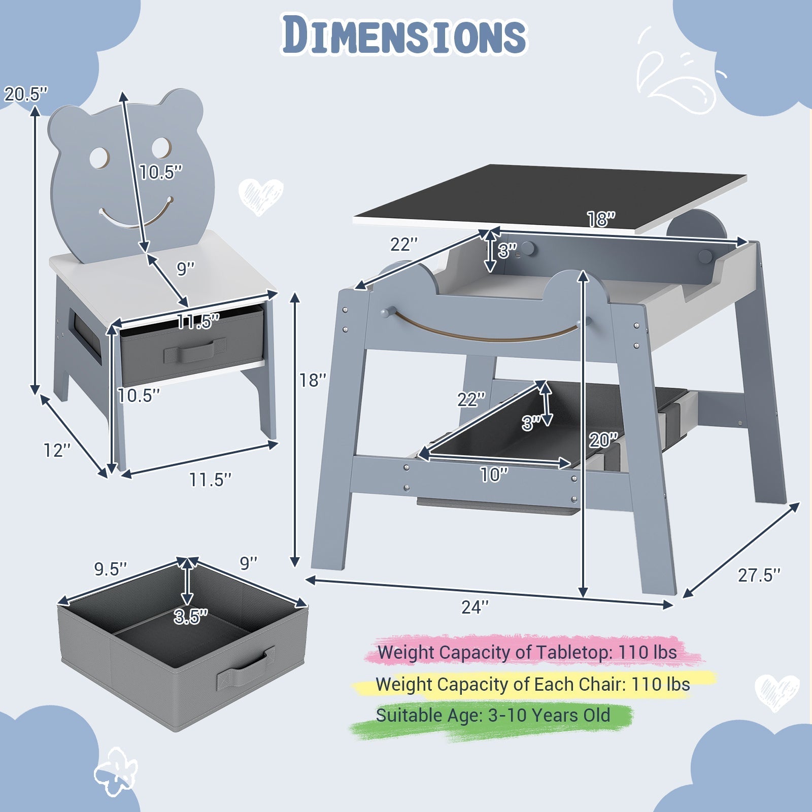 5-in-1 Toddler Table and 2 Chairs Cute Art Desk Set with Reversible Chalkboard Whiteboard