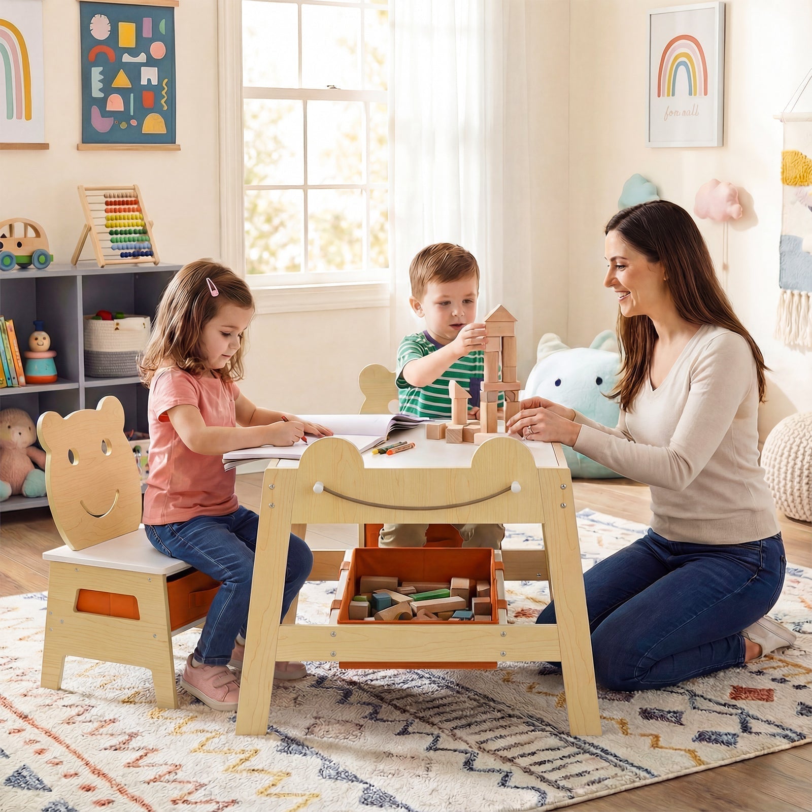 5-in-1 Toddler Table and 2 Chairs Cute Art Desk Set with Reversible Chalkboard Whiteboard
